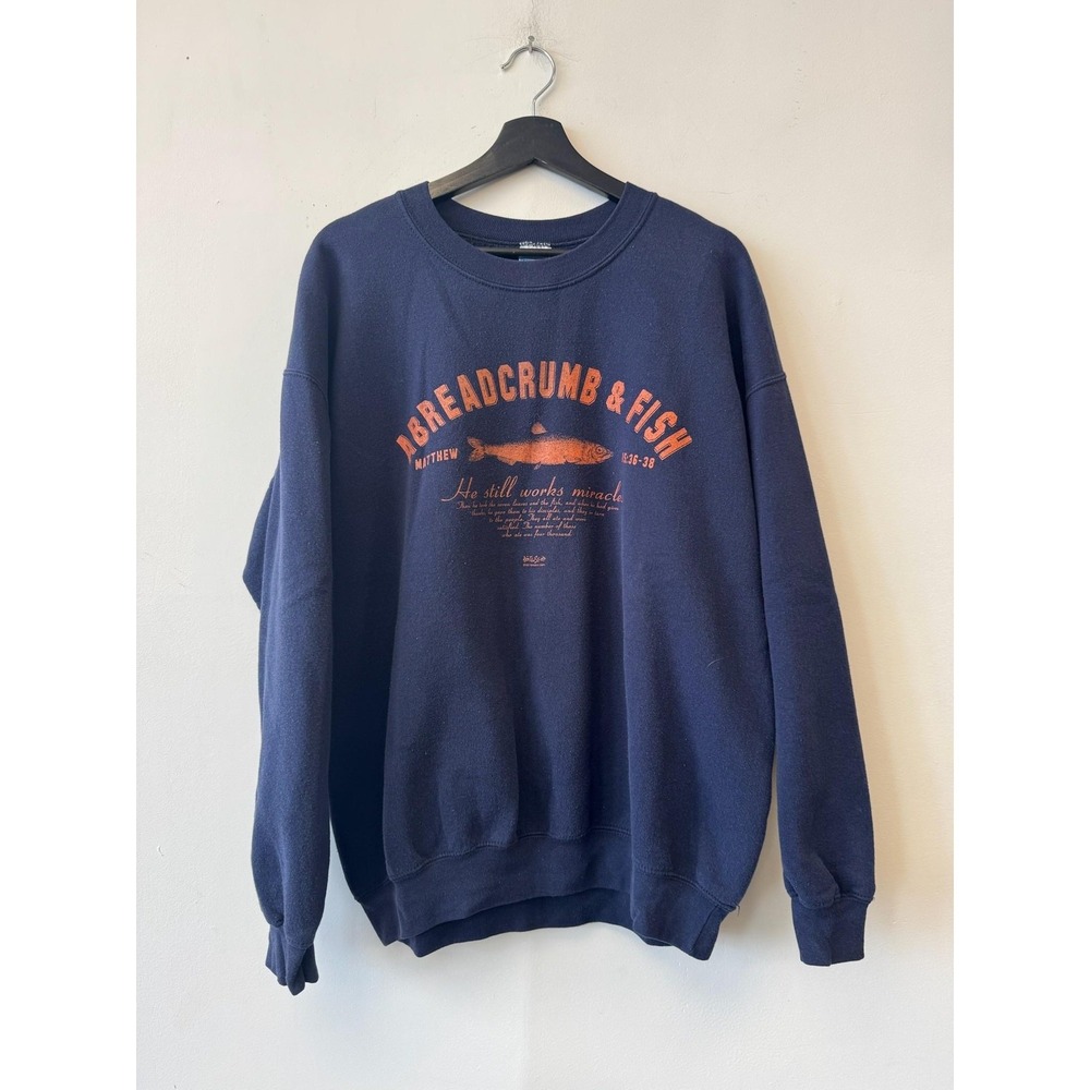 Vintage Jesus Parody A Breadcrumb & Fish Sweatshirt Mens Large Blue Pullover Y2K